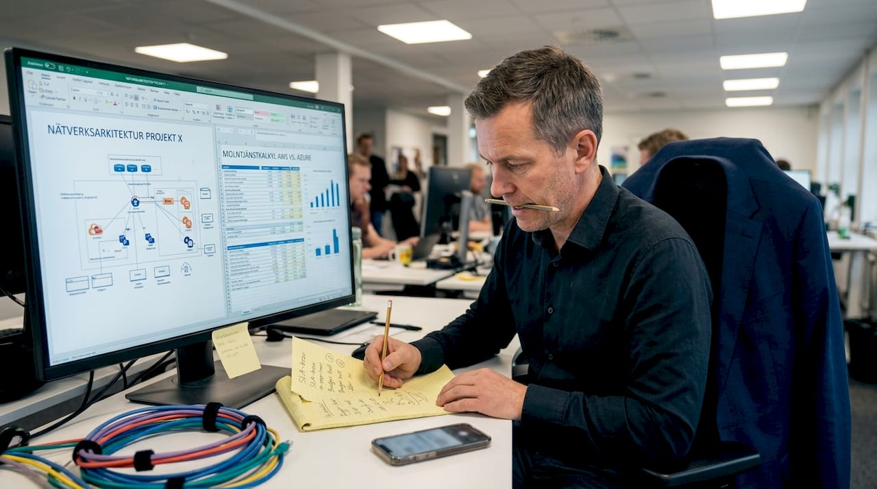 Så gör du en effektiv it-strategi för företag 2026 3 En IT-specialist sitter vid sitt skrivbord och utvärderar olika tekniska lösningar.