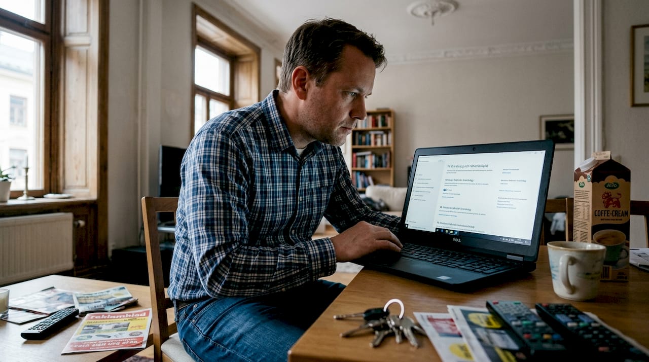 Så skyddar du din dator 2026 3 Jag slår på brandväggen på laptopen när jag sitter i vardagsrummet.