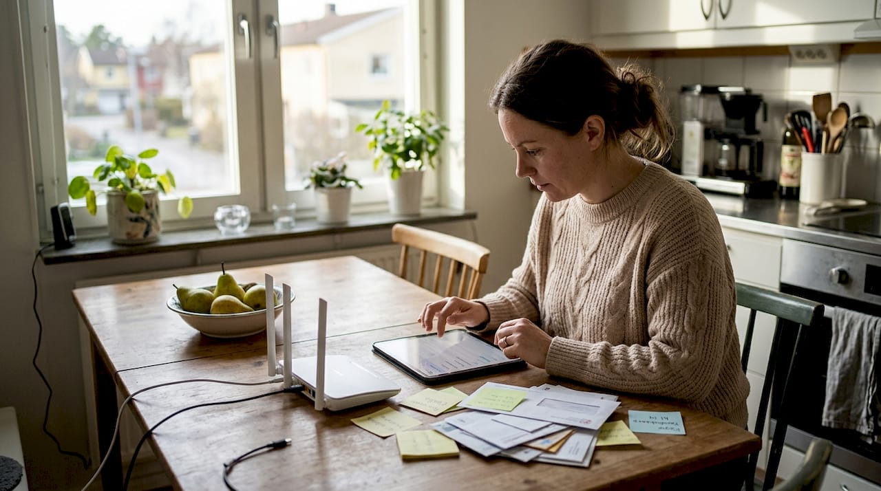 Säkra ditt nätverk i Täby: komplett guide för trygg IT-miljö 3 Kvinna ordnar gästnätverk direkt från köksbordet med surfplattan