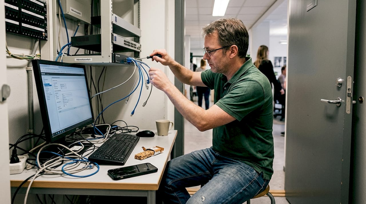 En tekniker håller på att konfigurera brandväggen vid sidan av nätverksutrustningen.