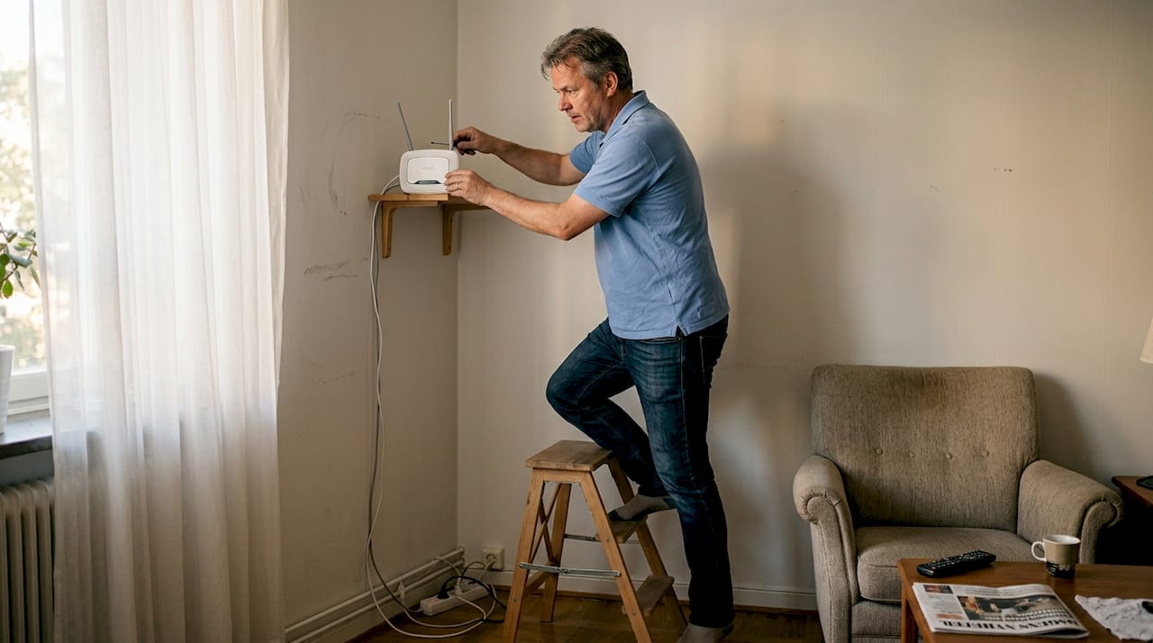 Så förbättrar du din WiFi-signal hemma snabbt och effektivt 2 En man fäster sin router högt upp på vardagsrumsväggen för bättre täckning.