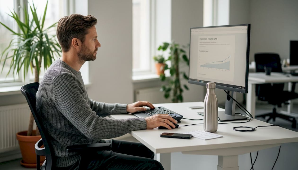 Man arbetar vid sitt skrivbord med en ergonomiskt anpassad arbetsplats