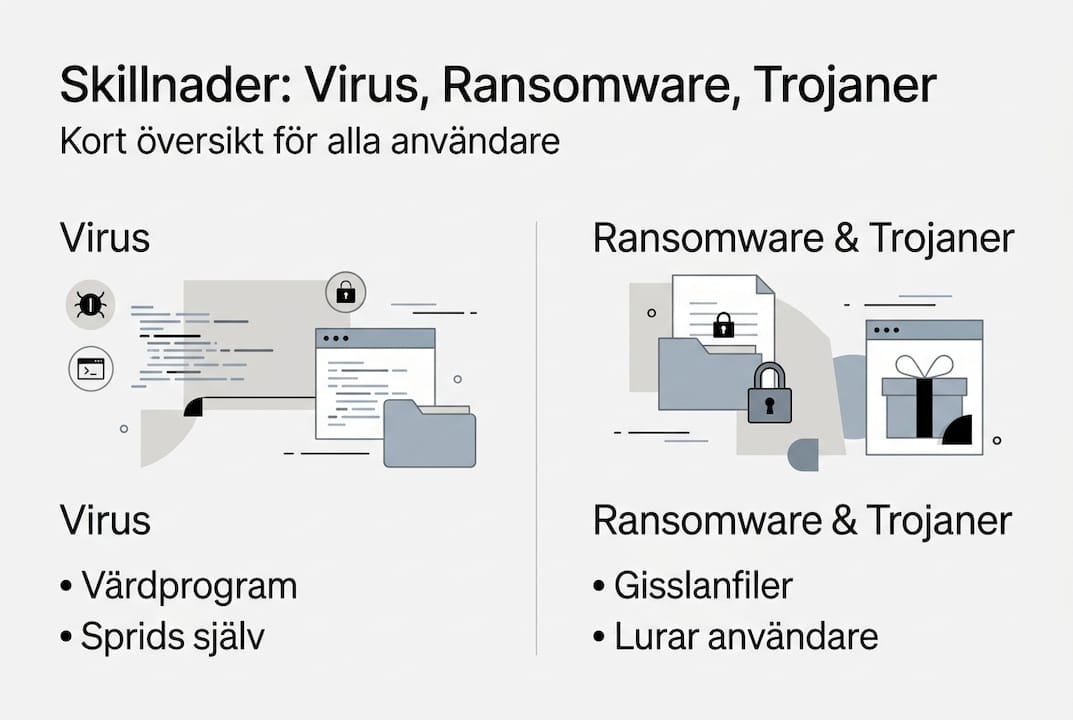 Vad är virus på dator? Guide för skydd och säkerhet 2026 - Datorhjälp Stockholm | Min Datorsupport AB 3 Översikt: Så fungerar virus, ransomware och trojaner