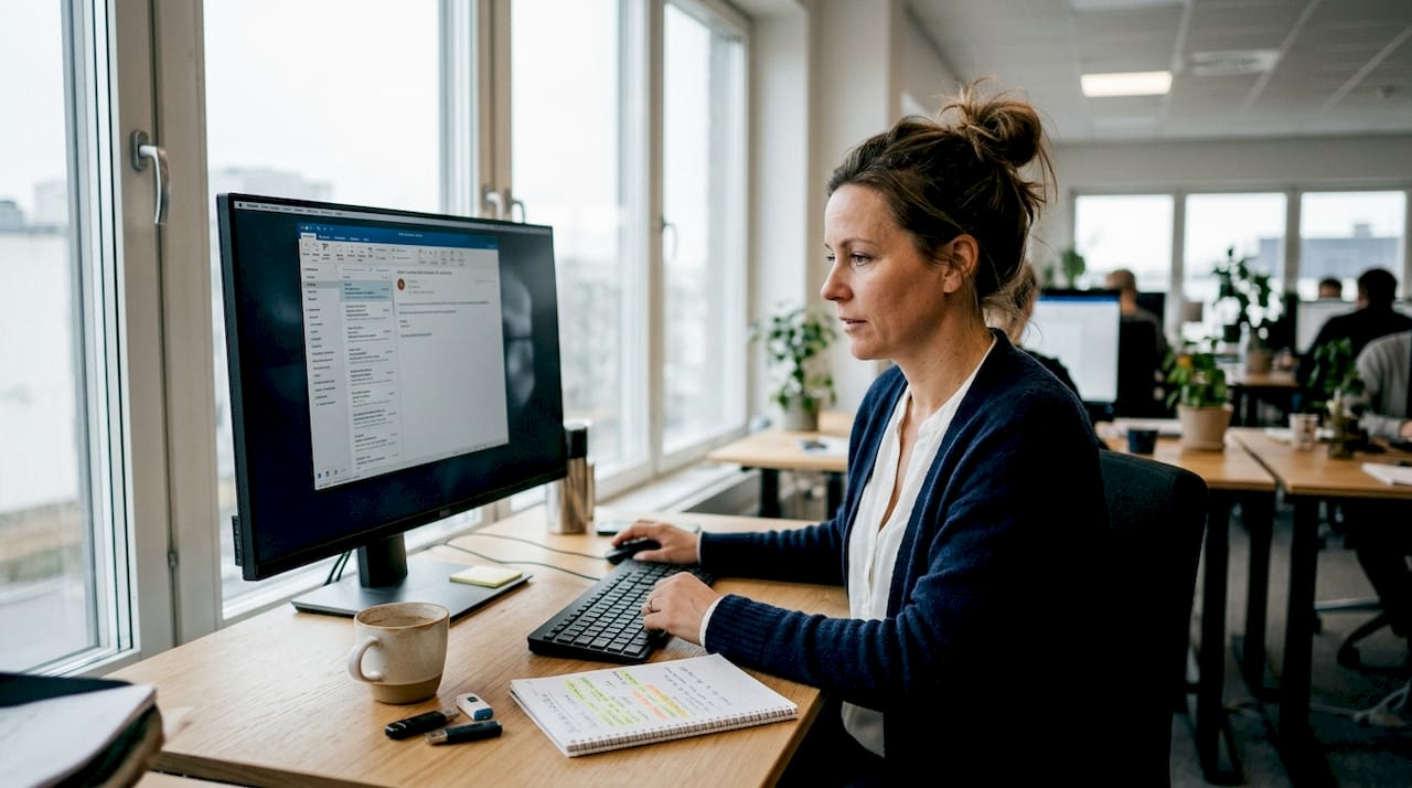 Vad är virus på dator? Guide för skydd och säkerhet 2026 - Datorhjälp Stockholm | Min Datorsupport AB 2 En kvinna sitter vid sitt skrivbord och går igenom sin e-post.
