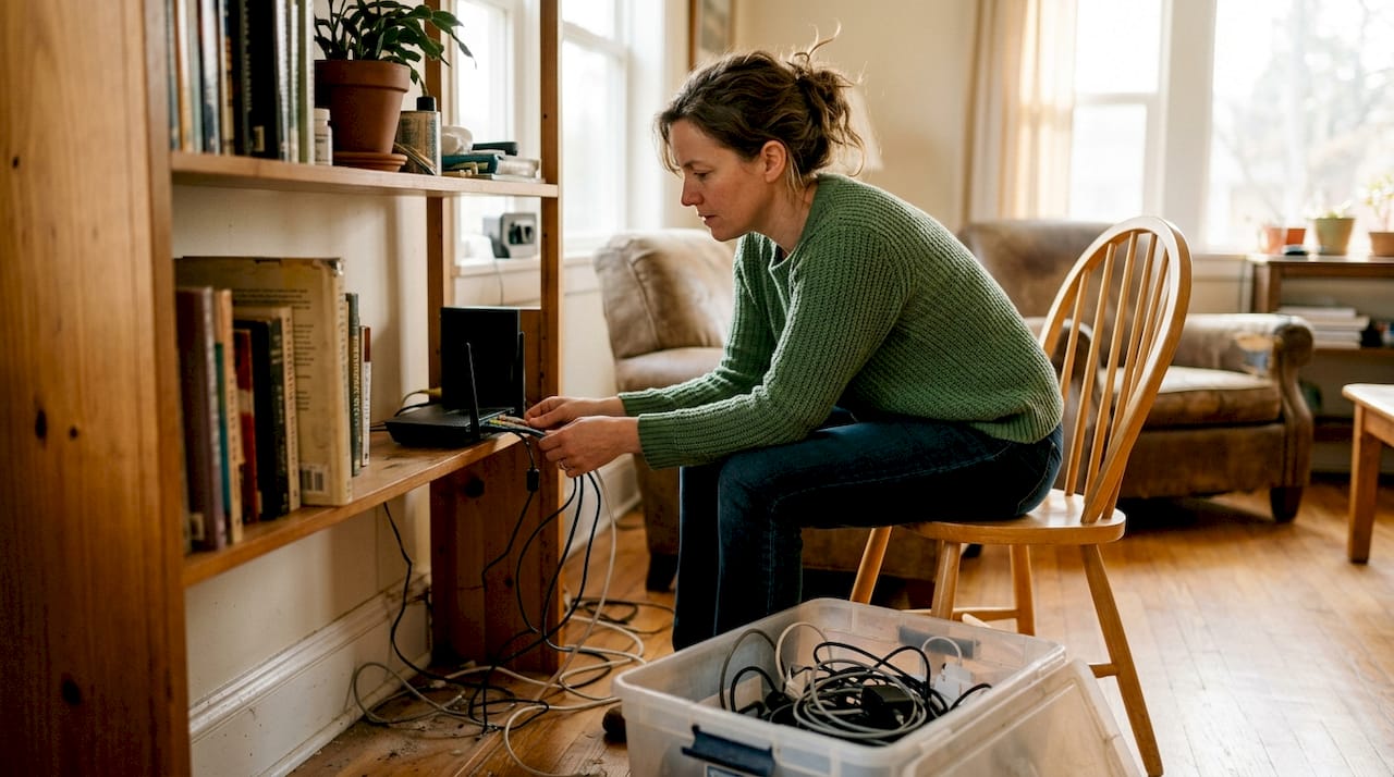 En person ser över nätverkskablarna och routern för att säkerställa att allt fungerar som det ska.