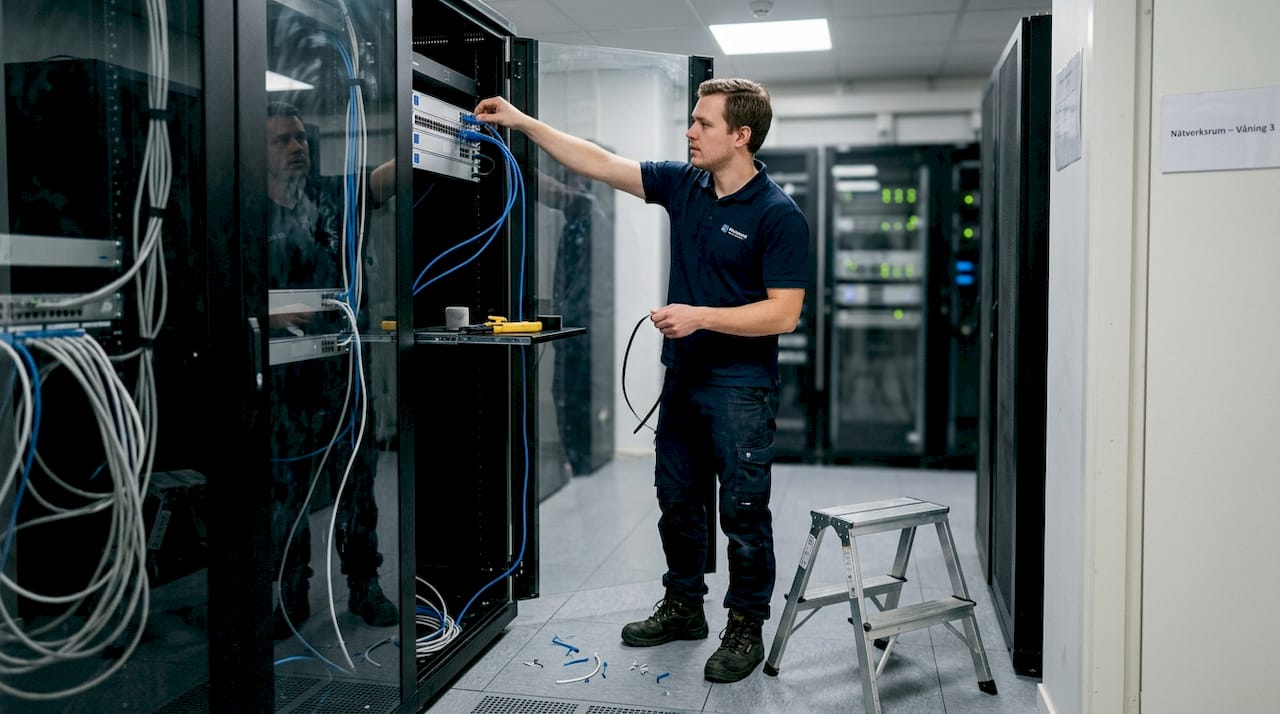 En certifierad installatör lägger strukturerad nätverkskabel för Unifi-systemet.