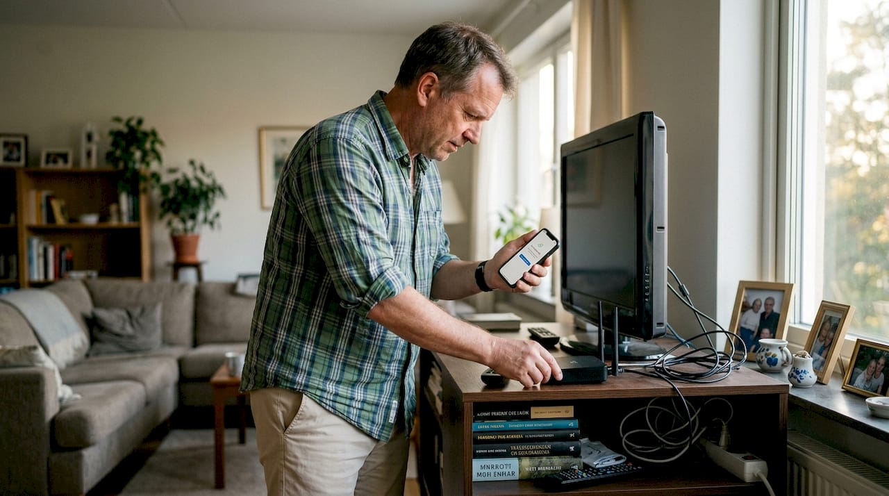 Exempel på it-problem och hur du löser dem snabbt 2 Man fixar med routern för att få bättre wifi i vardagsrummet.