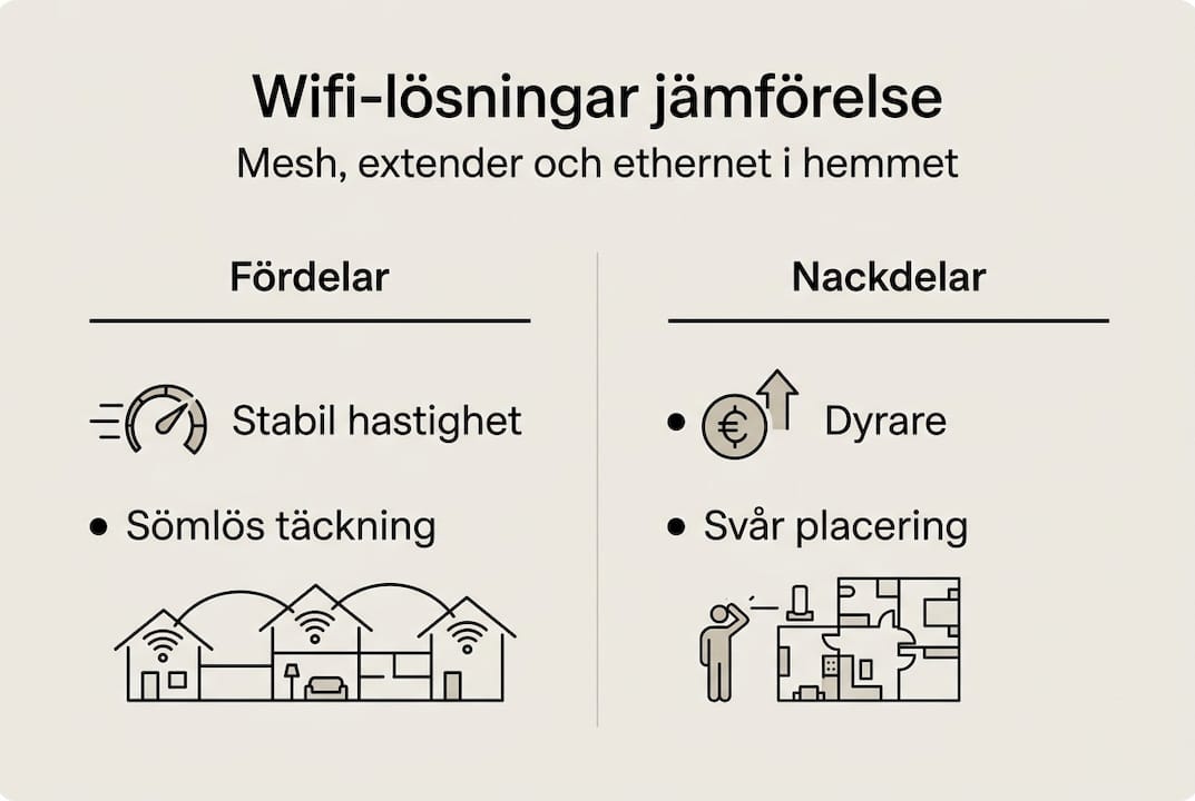 Varför wifi-optimering maximerar din uppkoppling och täckning - Datasupport Stockholm | Min Datorsupport AB 3 Infografik: Jämförelse mellan mesh-nätverk och ethernet-förlängare