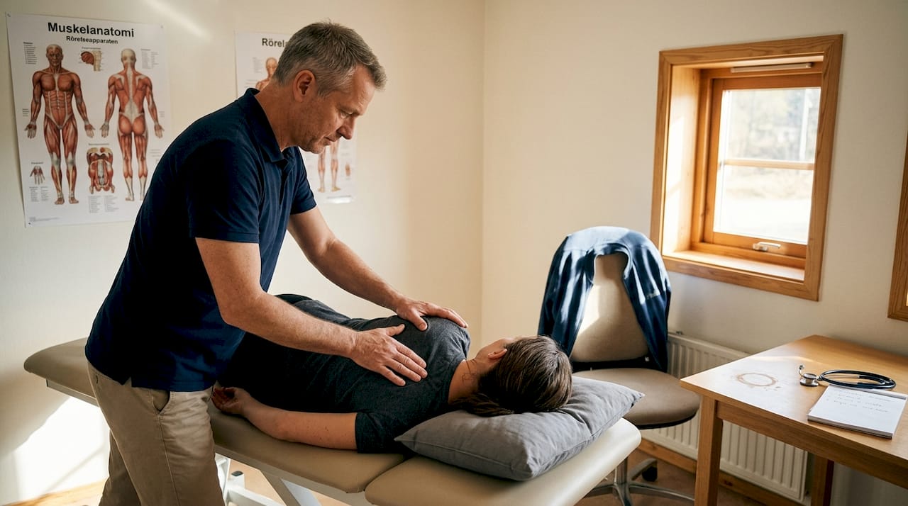En naprapat utför manuell behandling på kliniken.