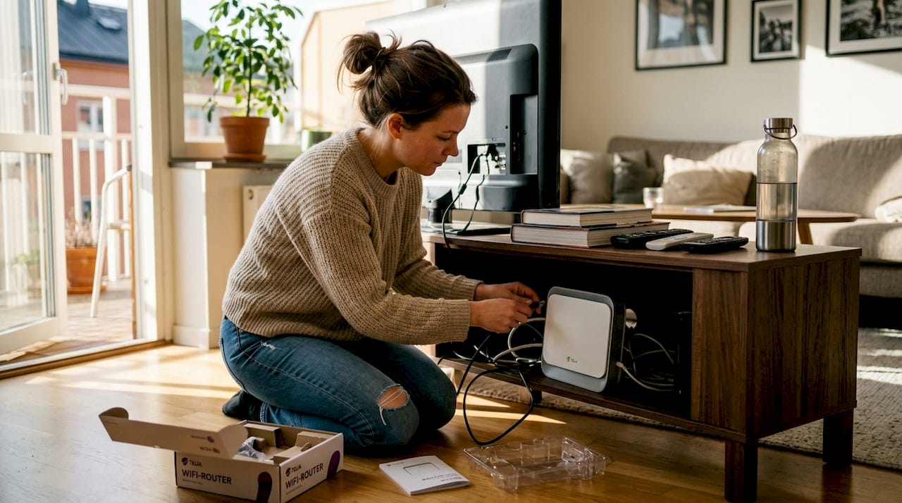 En kvinna sätter upp en router för att skydda sitt nätverk.