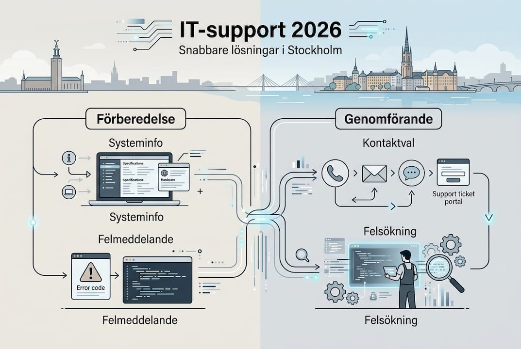 Effektiv it-support workflow i Stockholm 2026: 73% snabbare lösningar 2 En tydlig och enkel infografik som visar hur ett smidigt arbetsflöde för it-support kan se ut