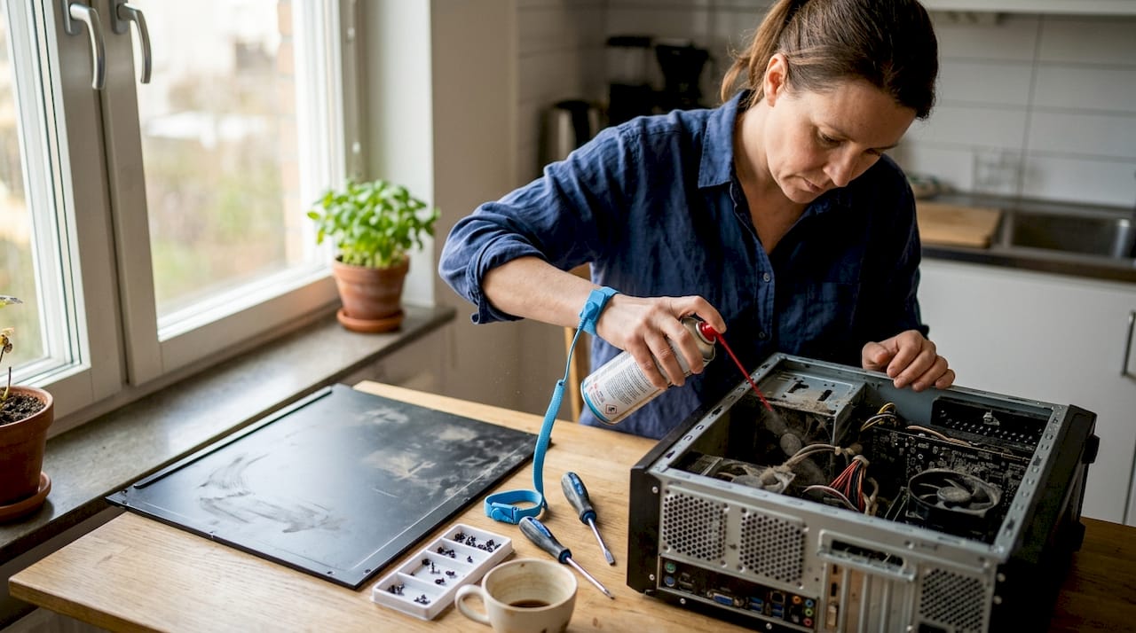 En person sitter vid ett rörigt köksbord och gör rent sin dator.