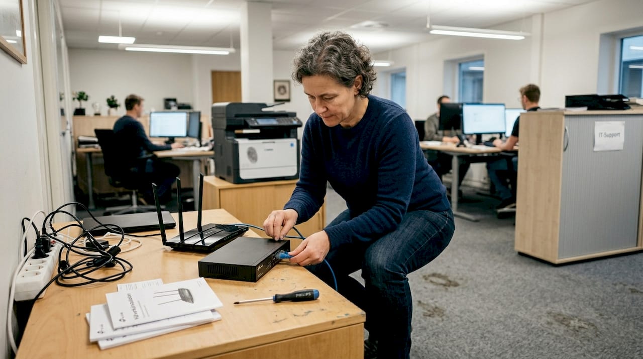 IT-support för nystartade företag i Stockholm 2026 2 IT-tekniker installerar nätverk på ett mindre kontor