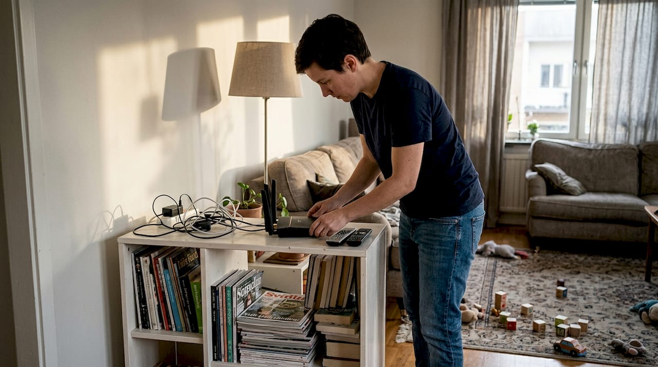 Guide för säkert wifi hemma – stärk din anslutning 3 Någon ställer wifi-routern i vardagsrummet