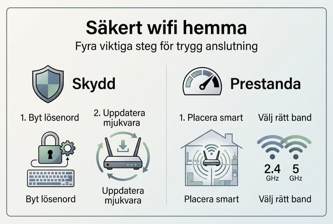 Guide för säkert wifi hemma – stärk din anslutning 2 Fyra enkla steg för att göra ditt wifi säkrare – en tydlig guide i infografik