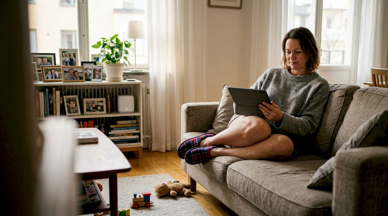 Exempel på nätverkslösningar för hem och småföretag i Stockholm - Datasupport Stockholm | Min Datorsupport AB 2 Kvinna sitter i vardagsrummet och surfar på sin surfplatta med stabilt wifi från ett mesh-nätverk.