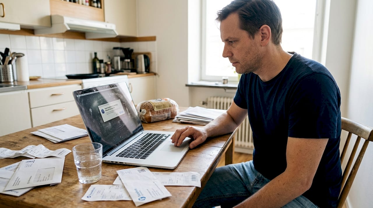 Praktiska tips för säkert dataskydd i vardagen 2 En man sitter vid köksbordet och uppdaterar sitt säkerhetsprogram på datorn.