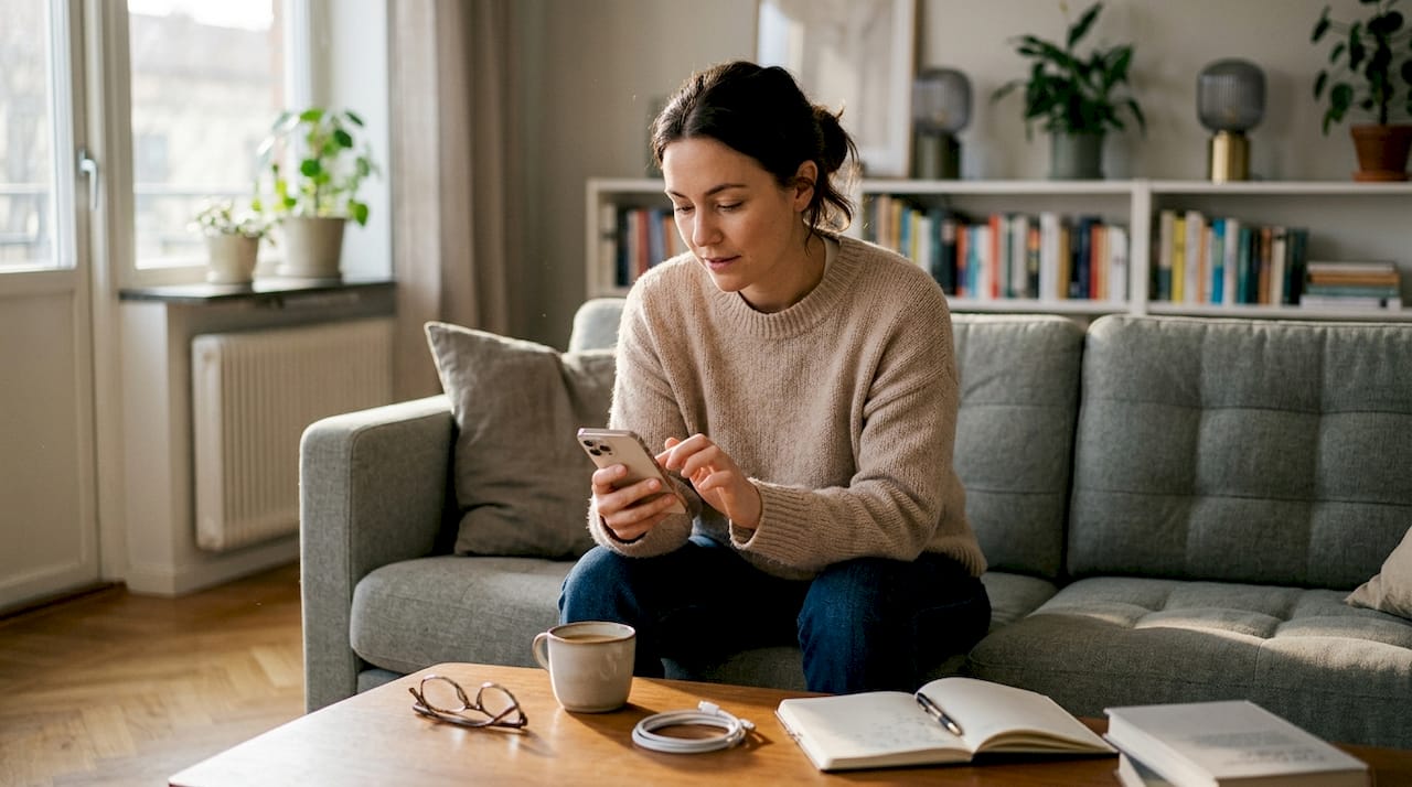 Kvinna sitter i soffan och kollar hur mycket utrymme hon har kvar på sin iPhone.