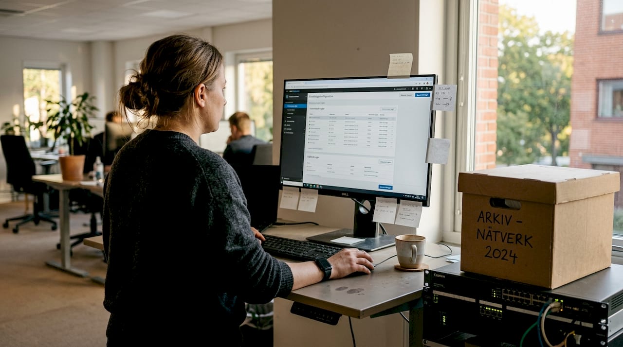 Kvinna som arbetar med att ställa in företagets brandvägg på kontoret