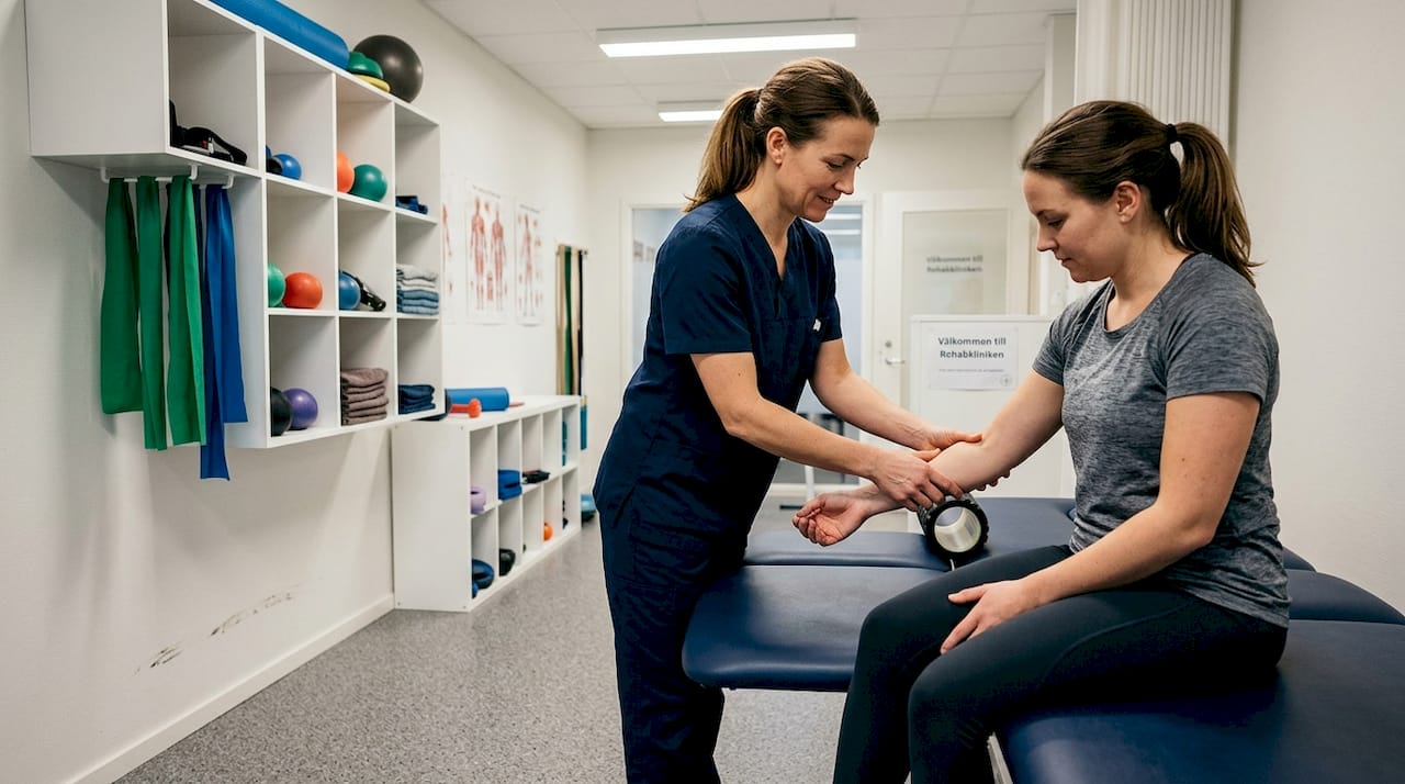 En terapeut visar hur man använder en foam roller för en klient på kliniken.