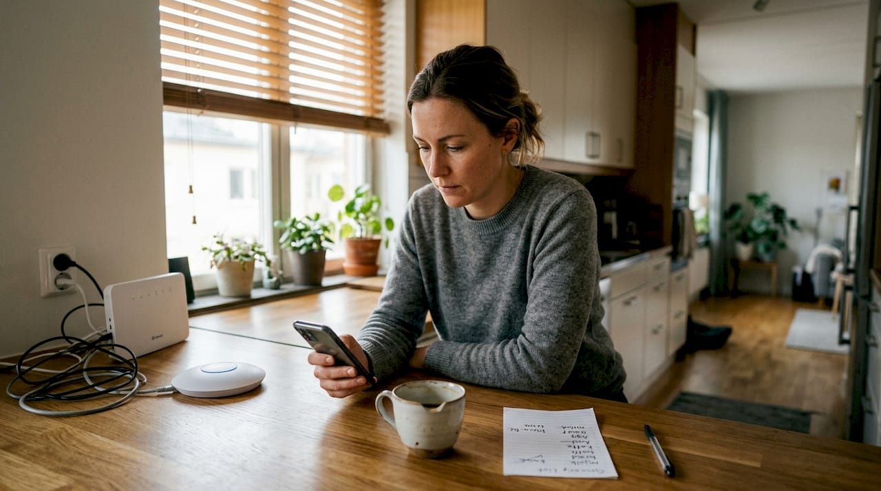 Så får du pålitlig IT hjälp hemma i Stockholm 2026 - Datasupport Stockholm | Min Datorsupport AB 3 En kvinna dubbelkollar att hon har bra WiFi-signal medan hon installerar nätverket.