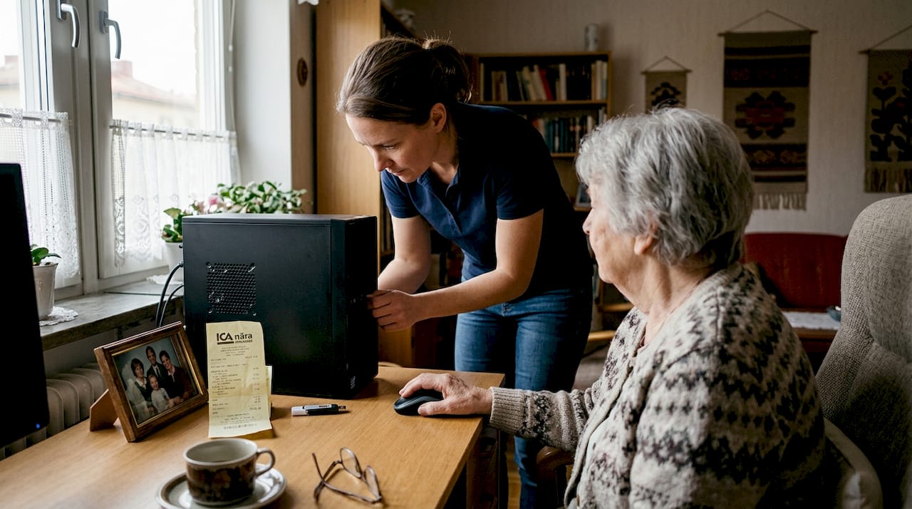 Så får seniorer datasupport i Stockholm enkelt och tryggt 3 En tekniker hjälper en äldre person med datorn hemma.