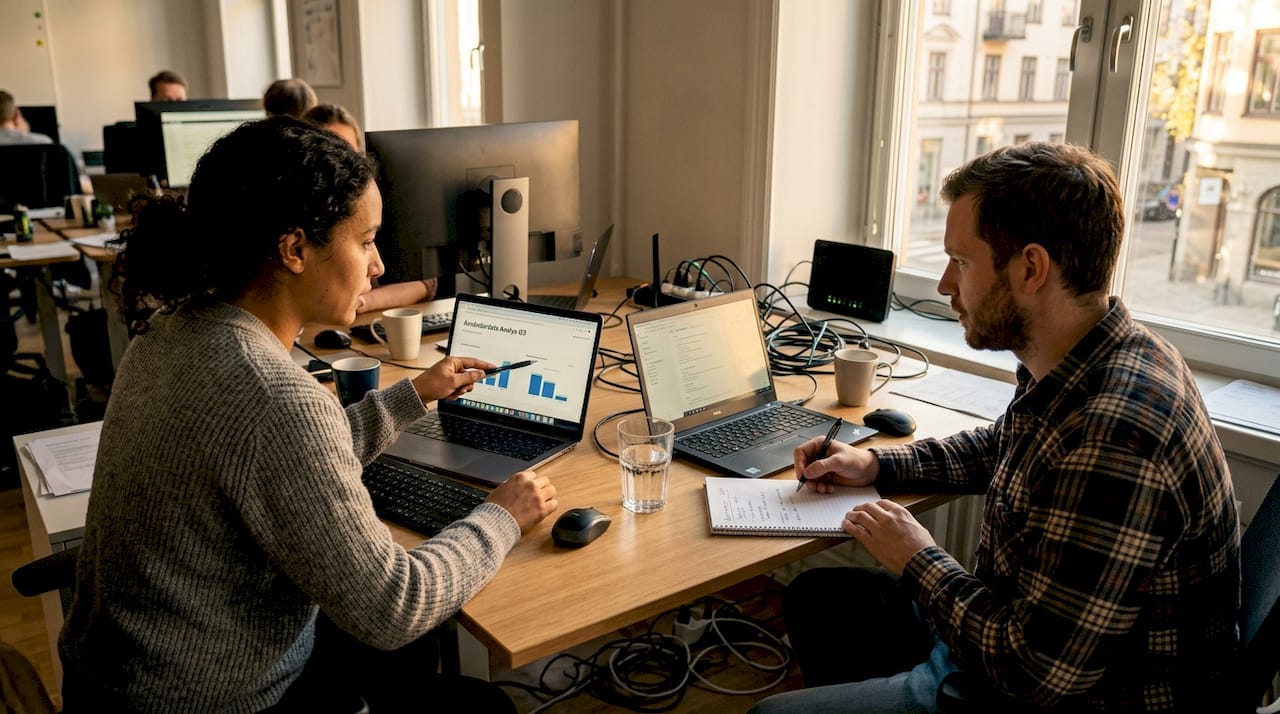 Två kollegor sitter vid sina skrivbord och pratar om hur de ska få olika system att fungera tillsammans.