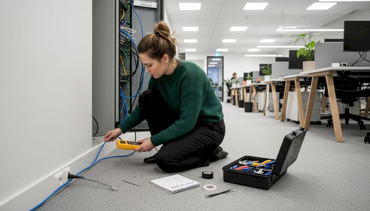 Checklista för nätverksinstallation: 5 steg som funkar 2 Kvinna drar nätverkskablar i serverracket på kontoret