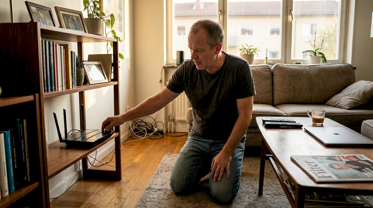 En man står i vardagsrummet och startar om sitt wifi, i hopp om att internet ska börja fungera igen.
