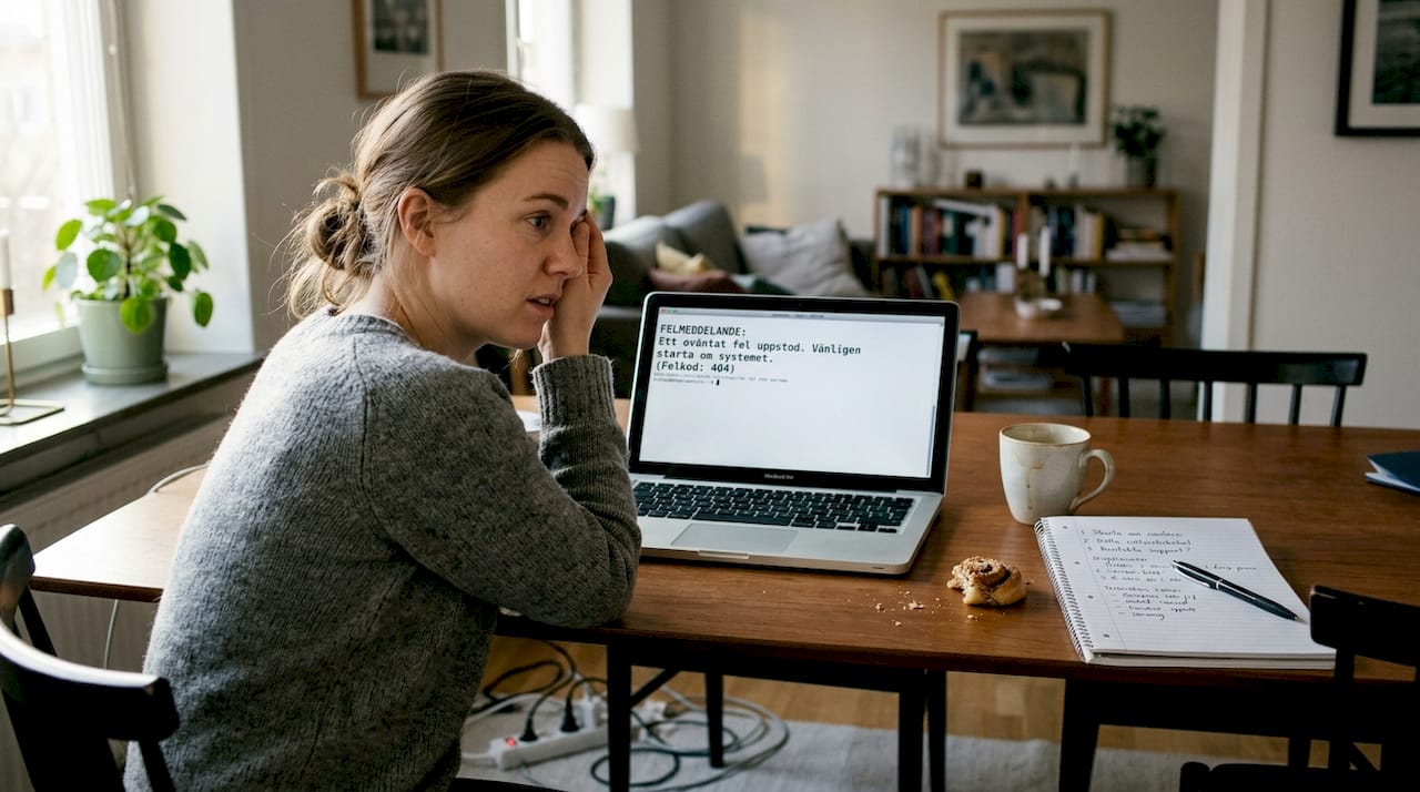 Kvinna sitter vid matbordet och försöker lösa problem med sin laptop.