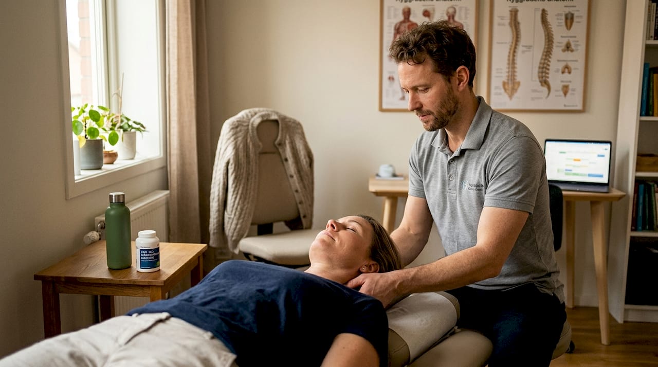 En naprapat hjälper en patient med nackbesvär på kliniken.