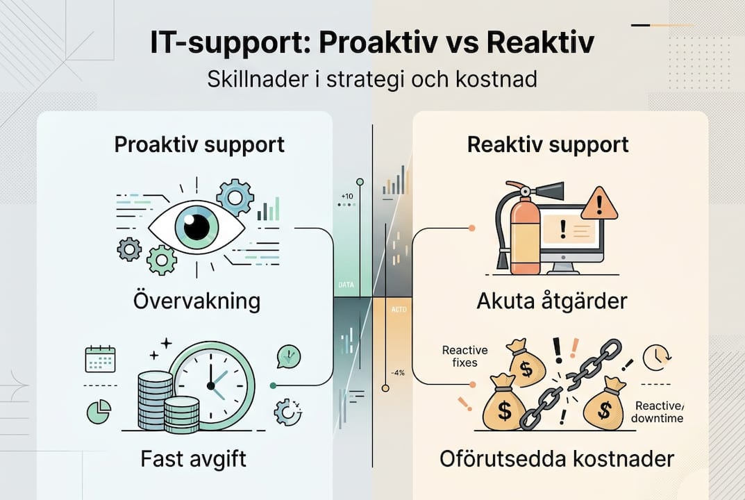 Så stärker IT-support företag: Kostnadsbesparingar och trygg drift - Datorhjälp Stockholm | Min Datorsupport AB 2 Illustration som visar skillnaden mellan förebyggande och akut IT-support
