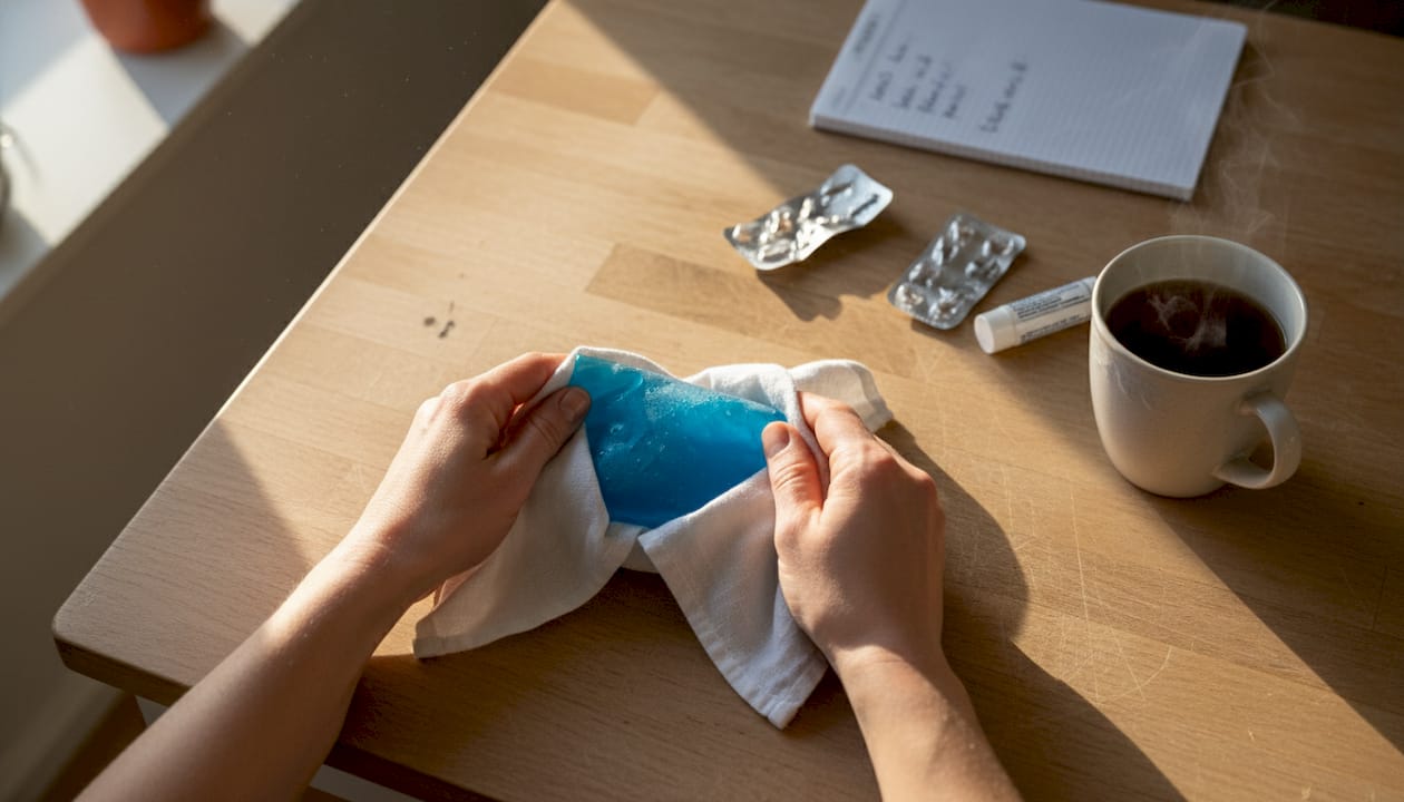 Någon virar in en kylpåse i en handduk.