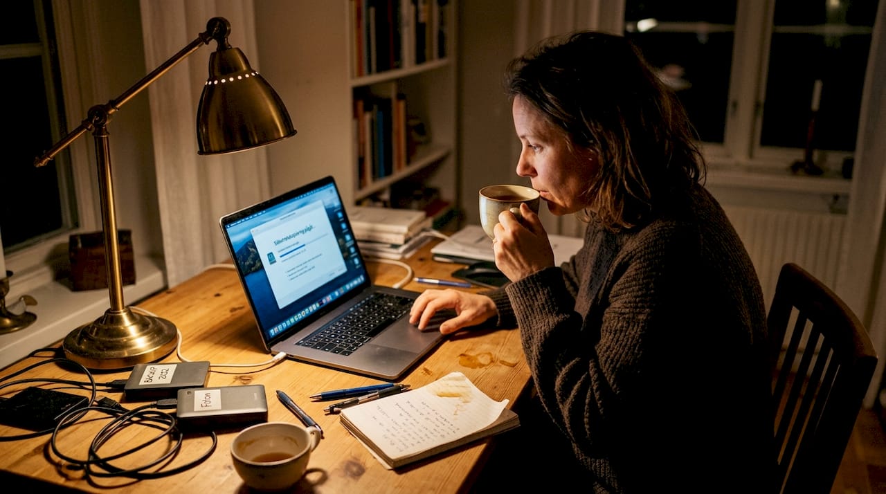 En kvinna ser över att nattens backup har fungerat som den ska.