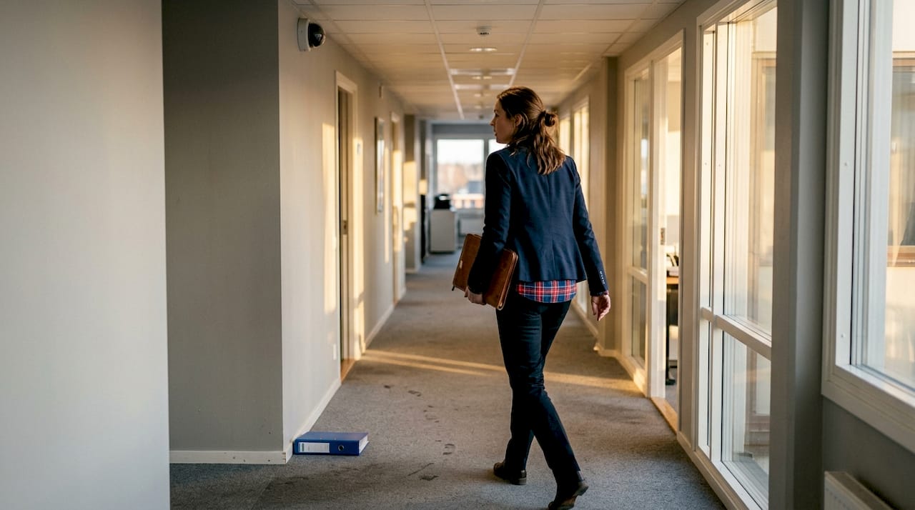 En medarbetare går förbi en övervakningskamera i företagets korridor.