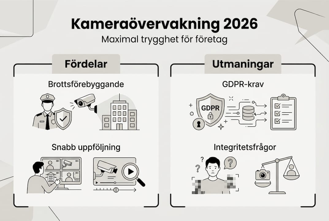 En överskådlig infografik som belyser både möjligheter och utmaningar med kameraövervakning