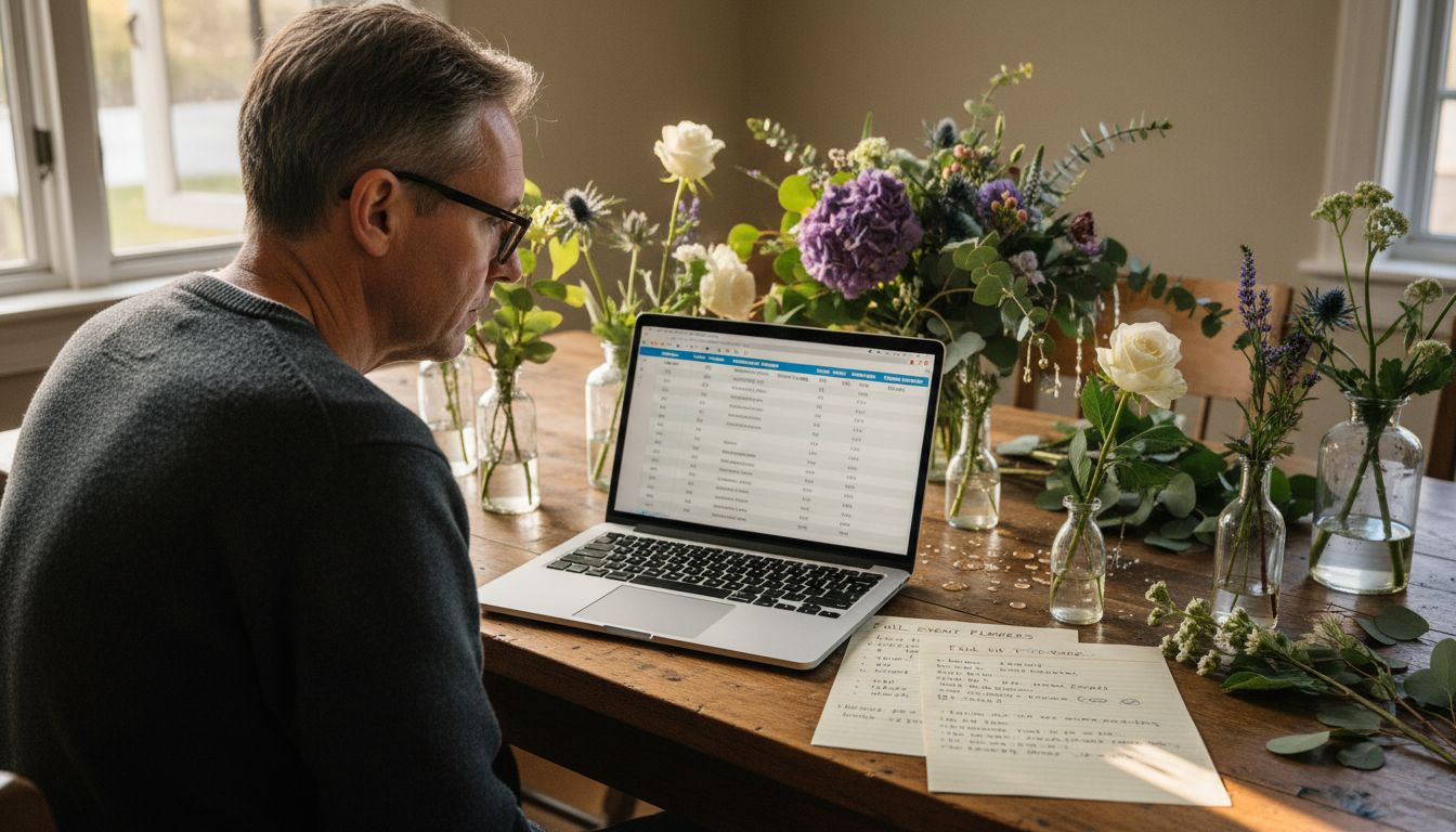 Person reviewing flower samples and laptop