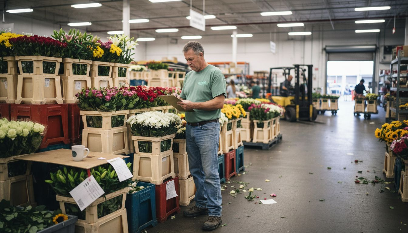 Warehouse manager overseeing flower crates distribution