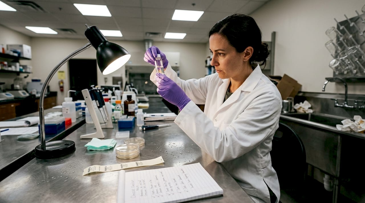 Scientist inspecting clear vial for contamination