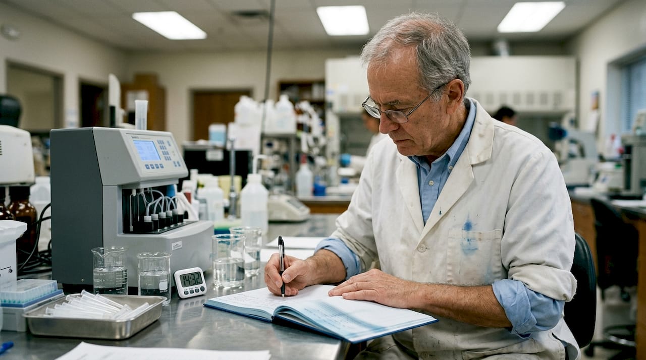 Scientist logging microbial water test results