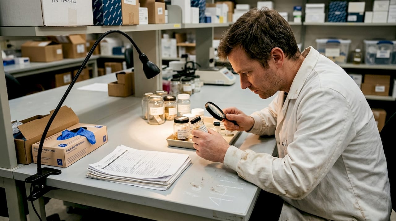 El laboratorista verifica la vigencia de los materiales biomédicos antes de su uso.