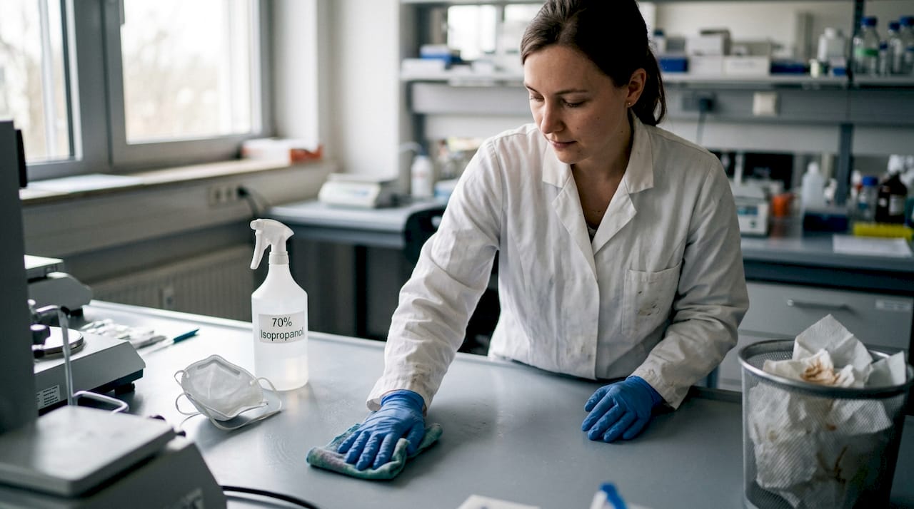 Eine Forscherin reinigt sorgfältig den Labortisch und achtet dabei auf höchste Hygienestandards.