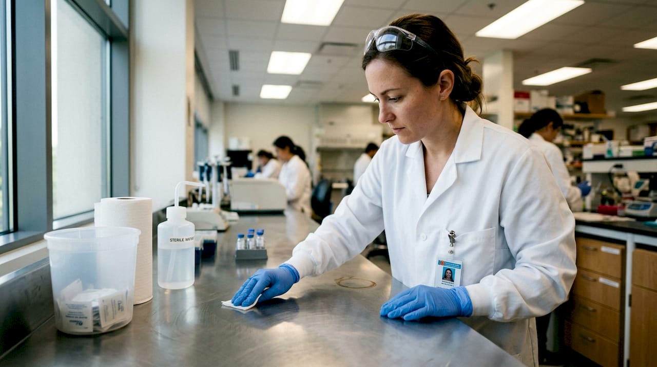 Researcher cleaning lab bench aseptically