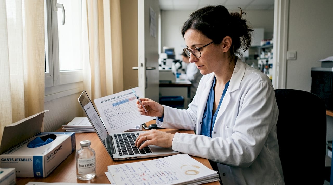 Expert en laboratoire chargé de contrôler la compatibilité des solutions injectables