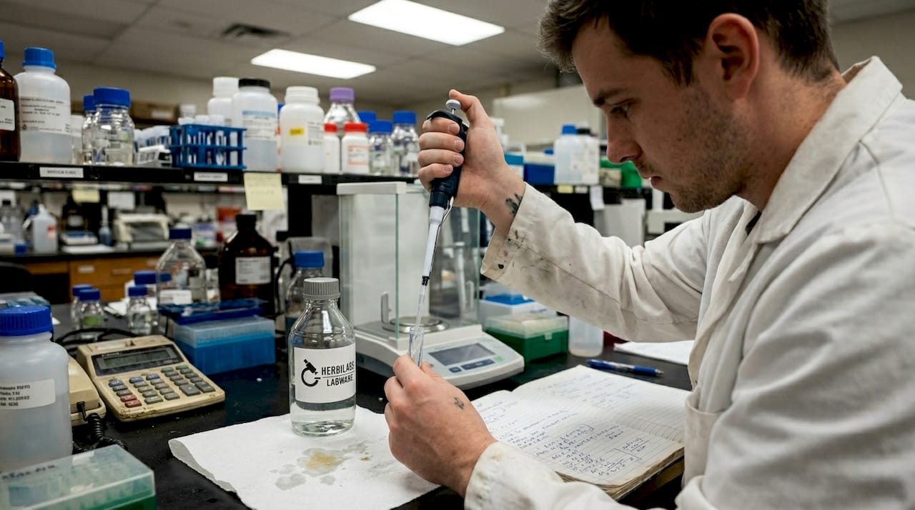 Technician pipetting high-purity reagent at lab bench