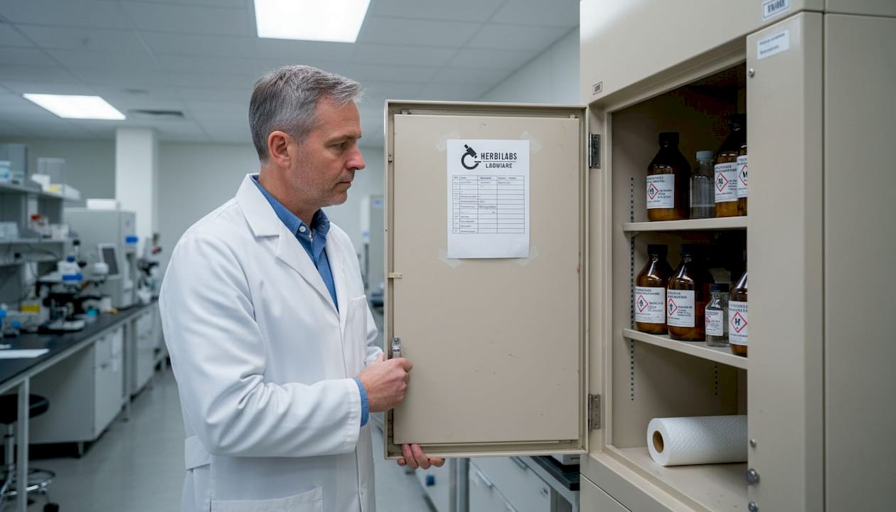Lab worker checks reagent storage cabinet