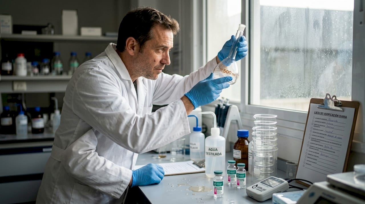 Técnico realizando la verificación de la calibración del material de vidrio en el laboratorio.
