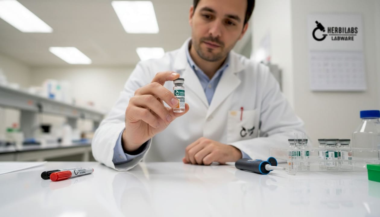 Un technicien de laboratoire manipule délicatement un flacon contenant des peptides, en le faisant tourner avec précaution pour bien homogénéiser la solution.