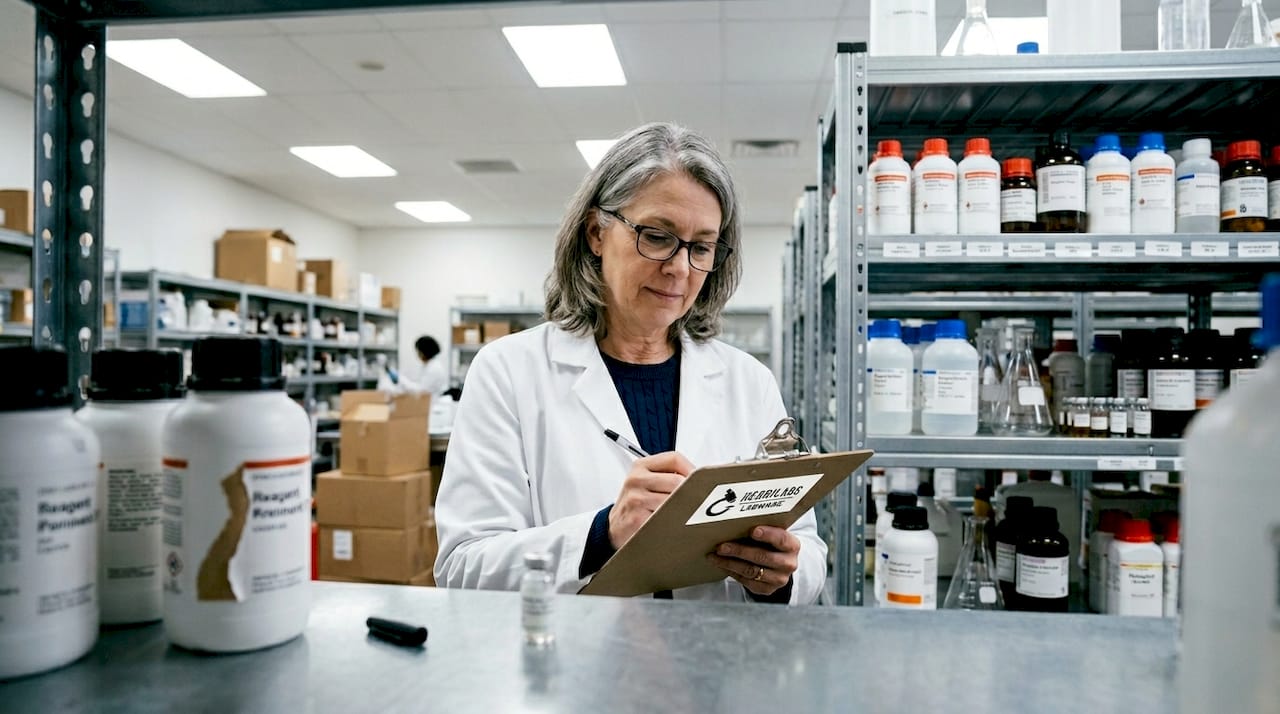 Scientist documenting reagent quality control steps