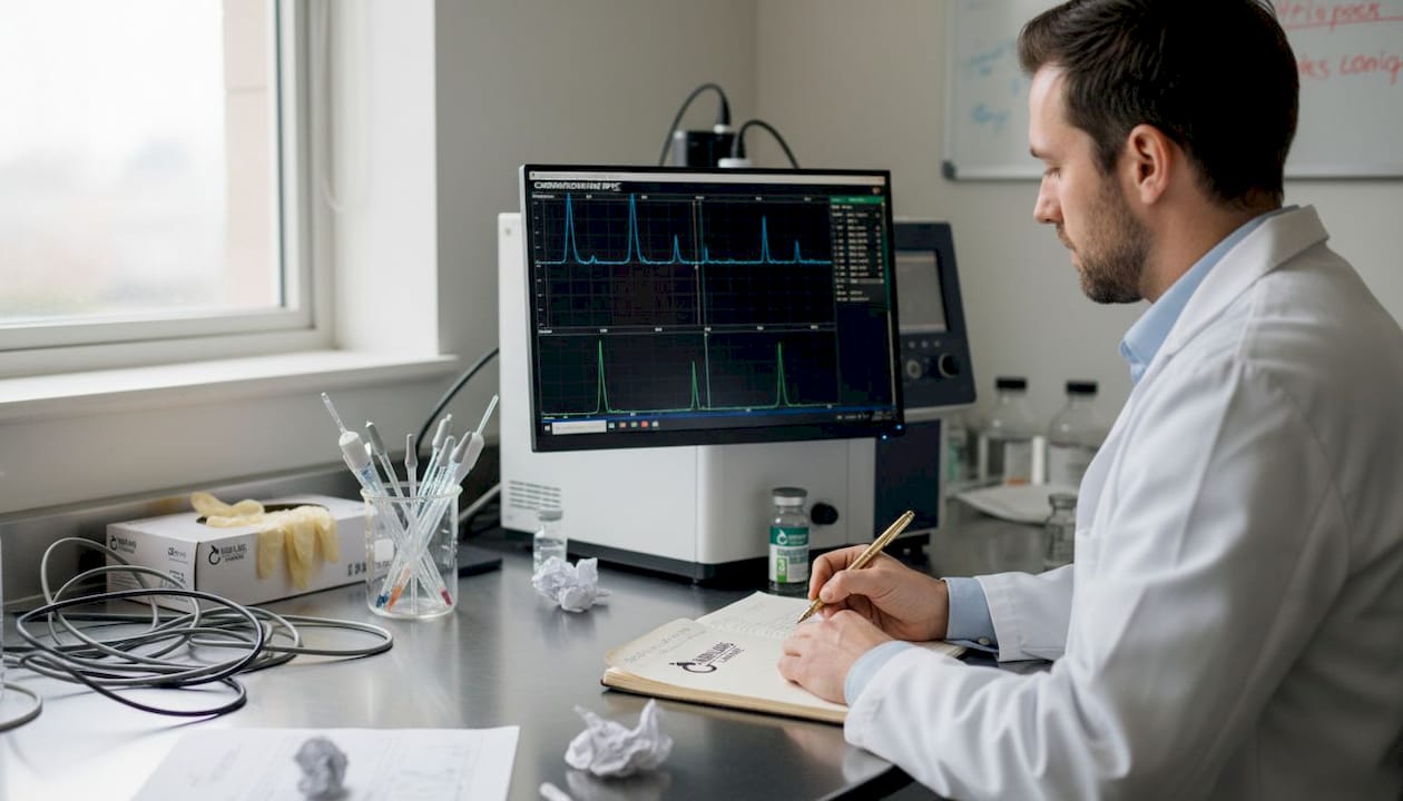 Contrôle de la pureté des peptides par un chimiste à l’aide de la chromatographie HPLC
